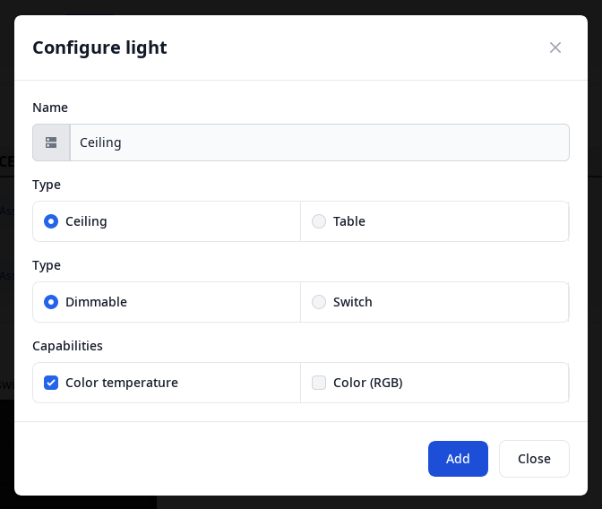 Add/Edit light Home Assistant